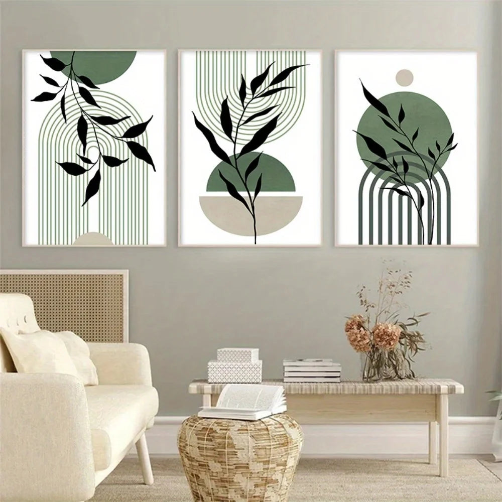 Sage Green Boho Abstract Canvas Prints – Set of 3