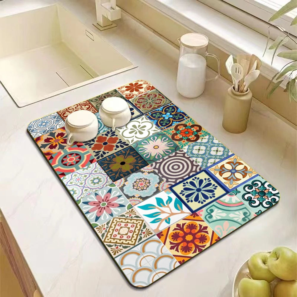 Mandala Print Diatomite Kitchen Drain Mat – Anti-Slip, Absorbent Countertop Pad