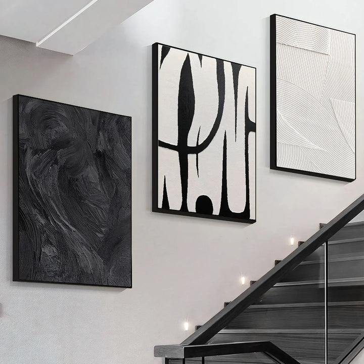 Black & White Abstract Texture Canvas Wall Art – Set of 3