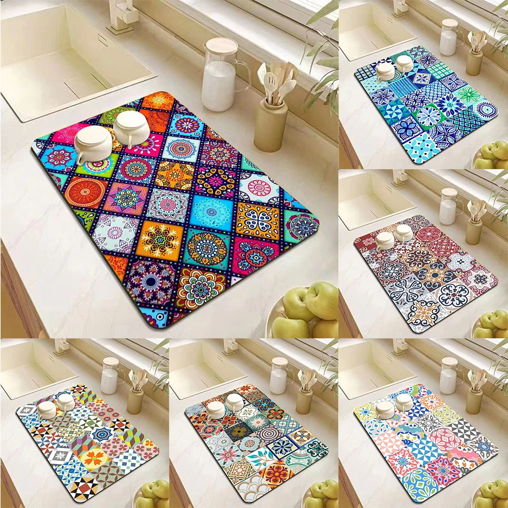 Mandala Print Diatomite Kitchen Drain Mat – Anti-Slip, Absorbent Countertop Pad