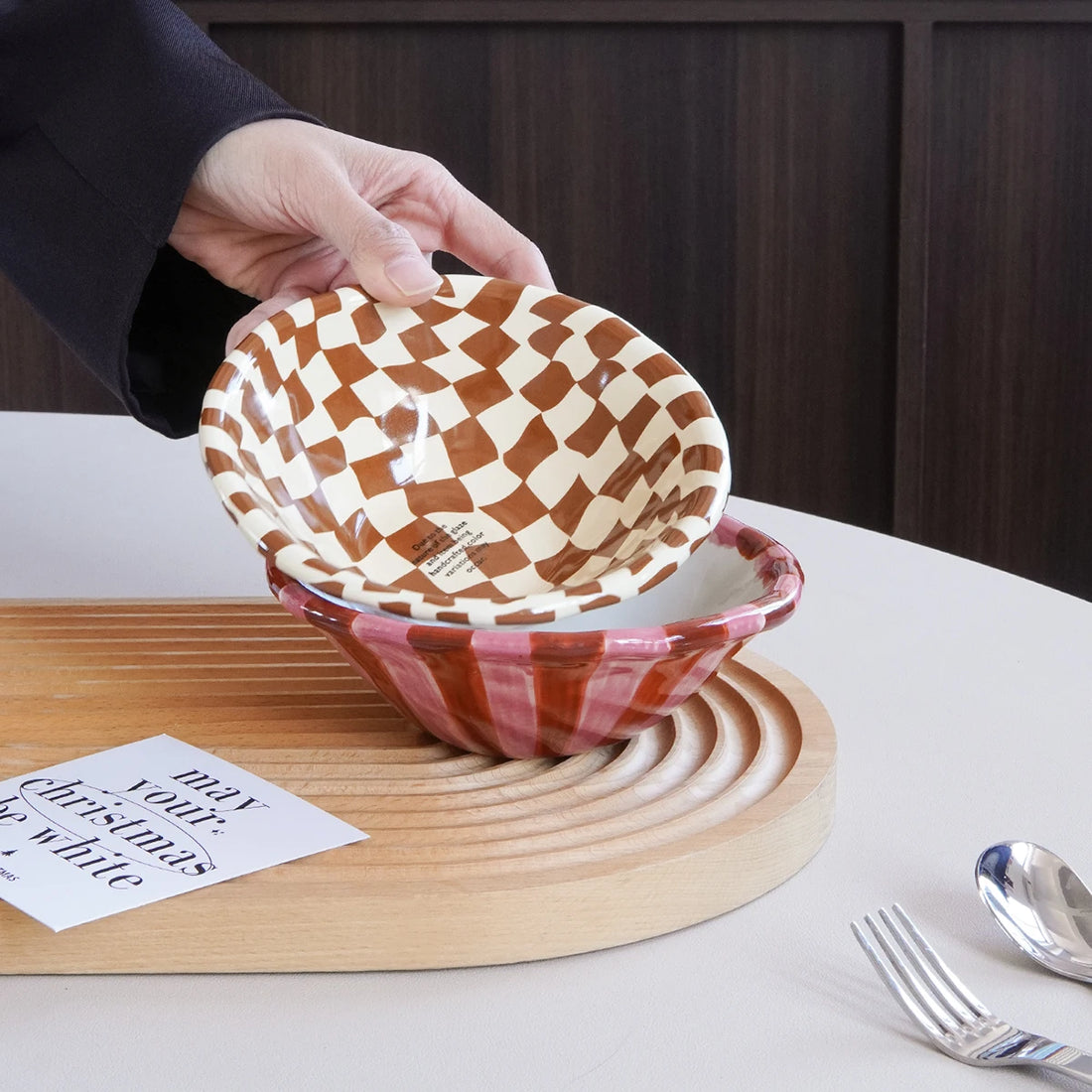 Rose Striped Checkerboard Ceramic Dessert Bowl – Aesthetic Hand-Painted Design
