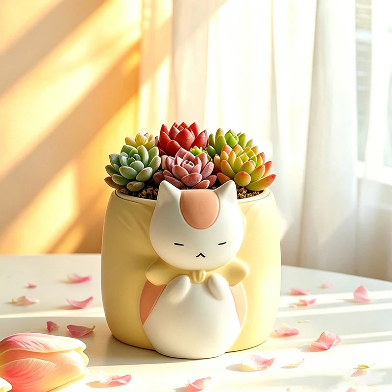 Sleepy Chubby Cat Resin Succulent Planter – Cute Desktop Flower Pot