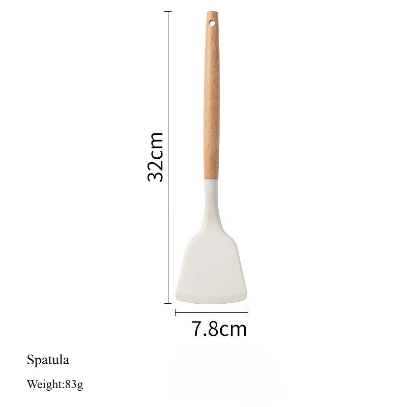 White Silicone & Wooden Handle Kitchen Utensils Set – 2 or 12 Pcs