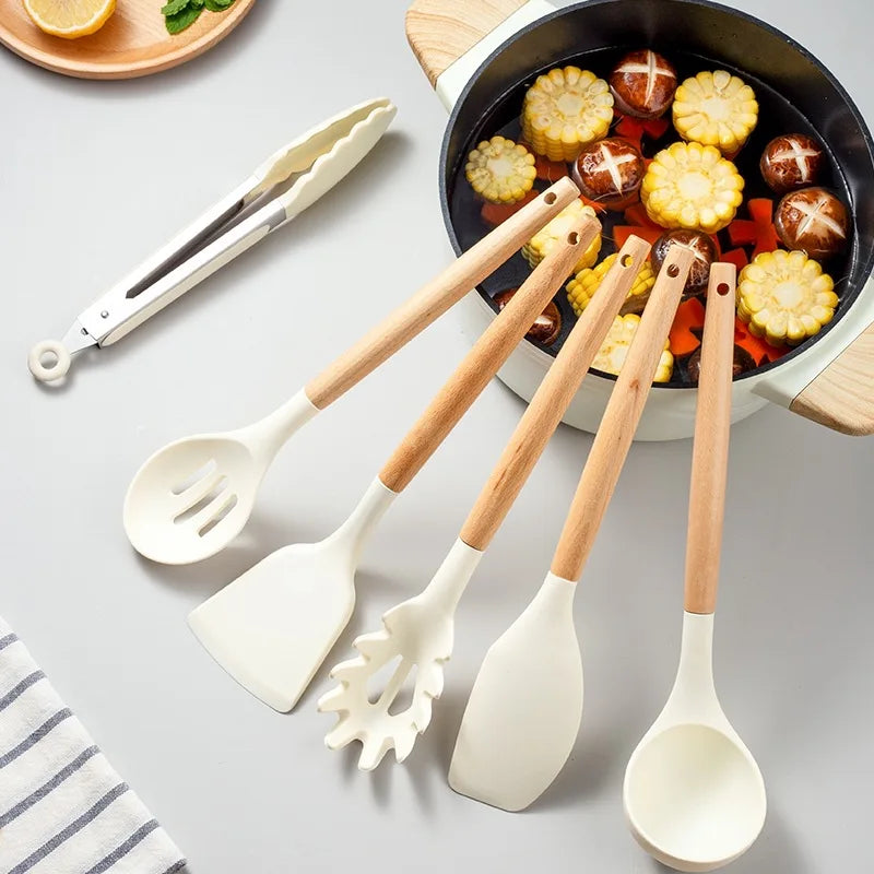 White Silicone & Wooden Handle Kitchen Utensils Set – 2 or 12 Pcs