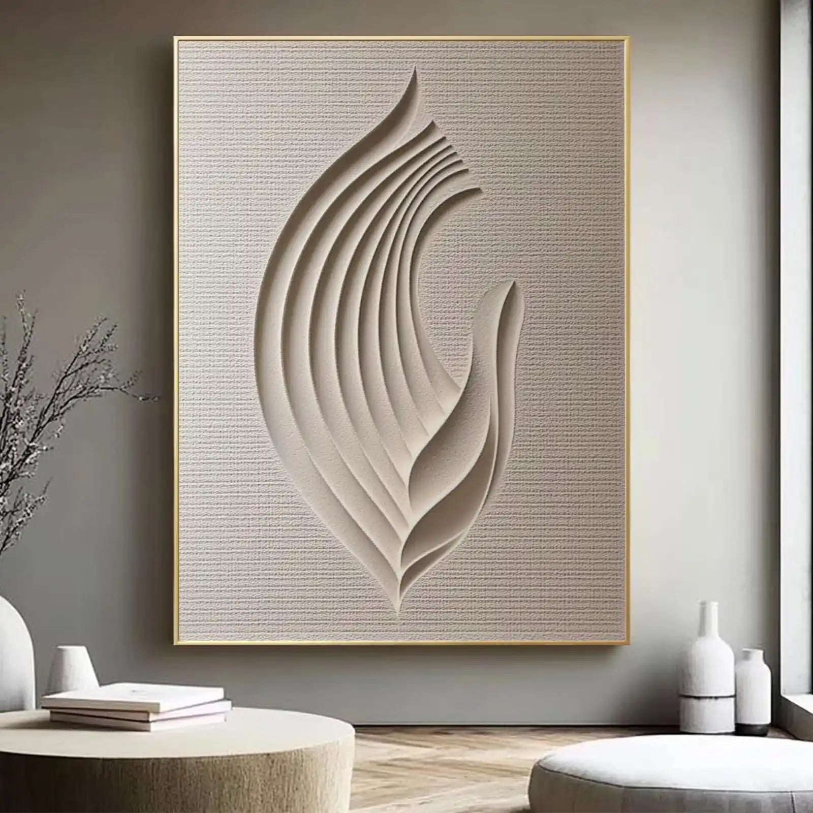 Abstract 3D Relief Beige Geometric Canvas Print – Wabi-Sabi Style