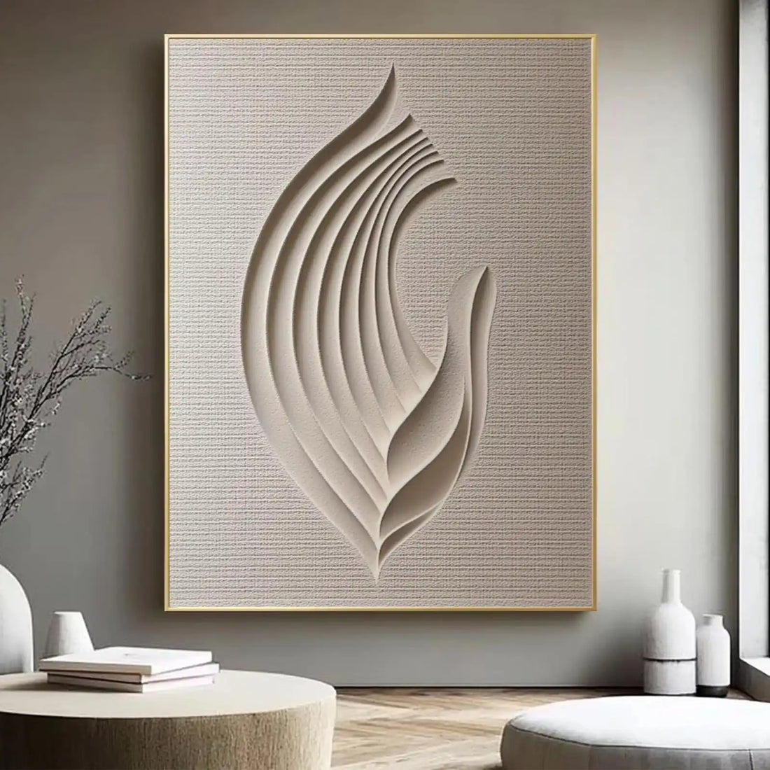 Abstract 3D Relief Beige Geometric Canvas Print – Wabi-Sabi Style