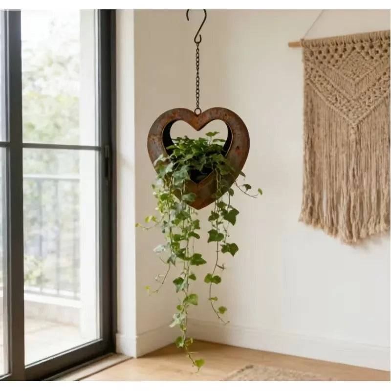 1pc vintage rusted heart hanging planter creative ironwork heart-shaped hollowed-out flower basket