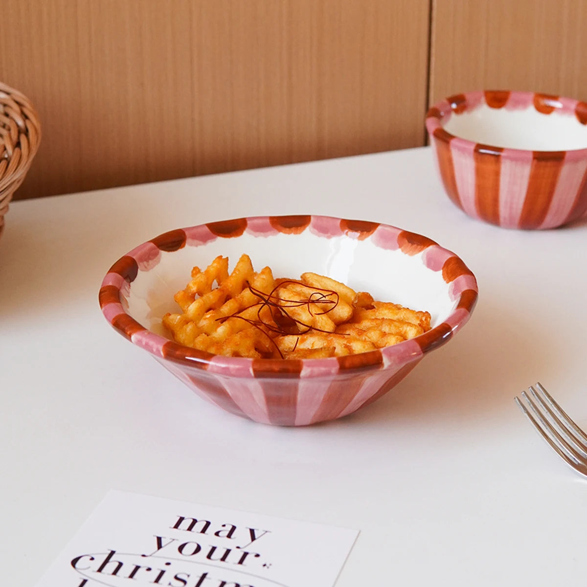 Rose Striped Checkerboard Ceramic Dessert Bowl – Aesthetic Hand-Painted Design