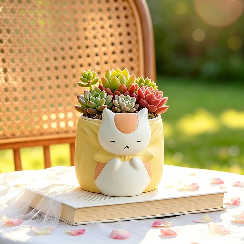 Sleepy Chubby Cat Resin Succulent Planter – Cute Desktop Flower Pot