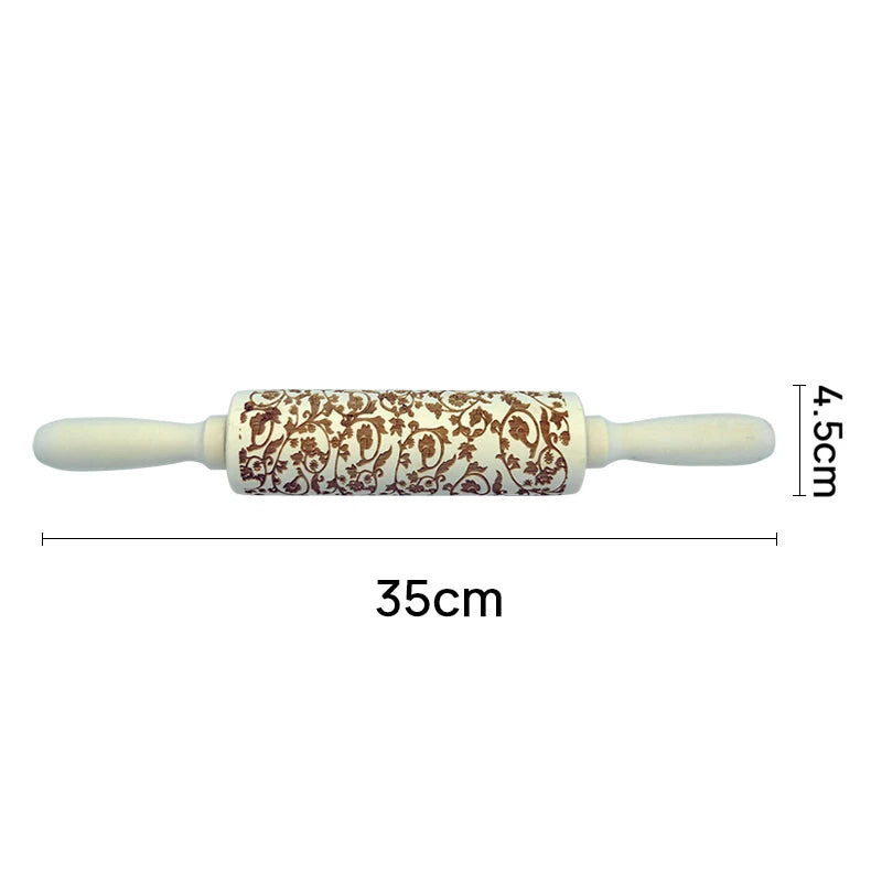 Wooden Rolling Pin for Christmas, 3D DIY Engraved Embossing Rolling Pins with Xmas Reindeer Flower Pattern, for Baking Cookies