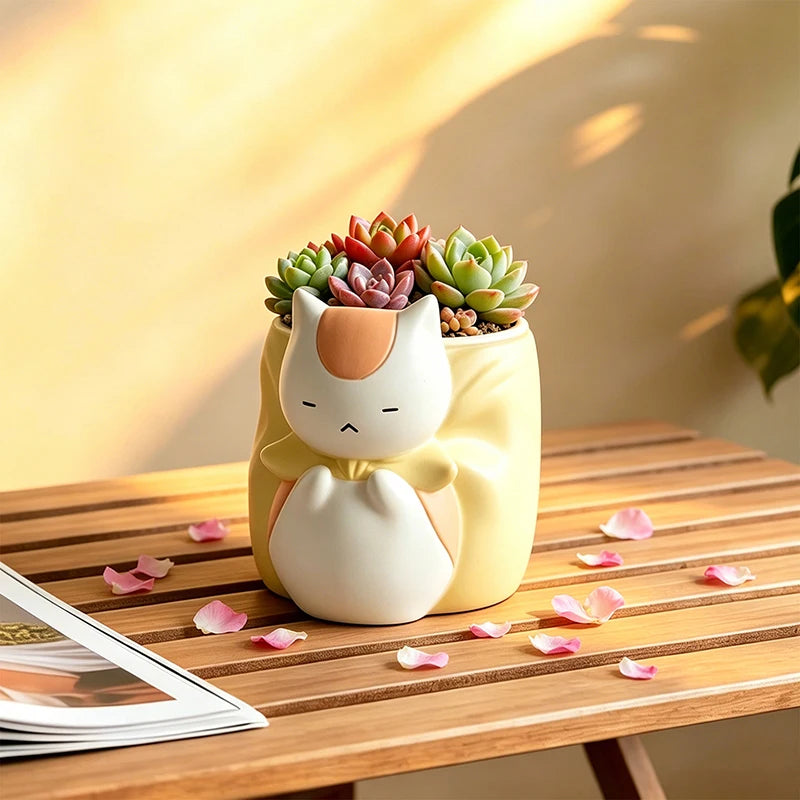 Sleepy Chubby Cat Resin Succulent Planter – Cute Desktop Flower Pot