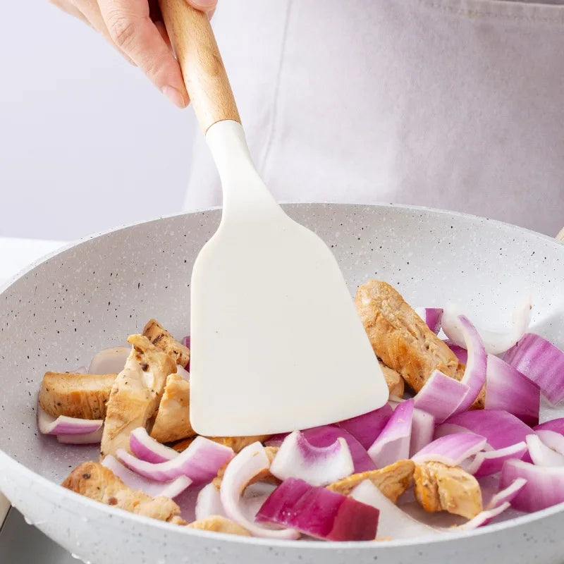 White Silicone & Wooden Handle Kitchen Utensils Set – 2 or 12 Pcs