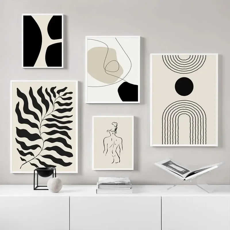 Abstract Boho Geometric Line Canvas Print – Black & Beige