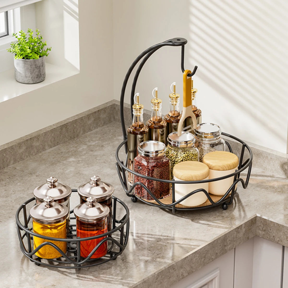 2-Tier Metal Fruit Basket with Banana Hanger & Wooden Base – Countertop Organiser