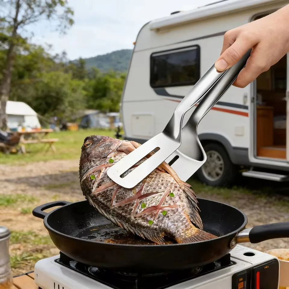 Stainless Steel Double-Sided Cooking Tongs – Spatula Clip for Steak, Fish & Pizza