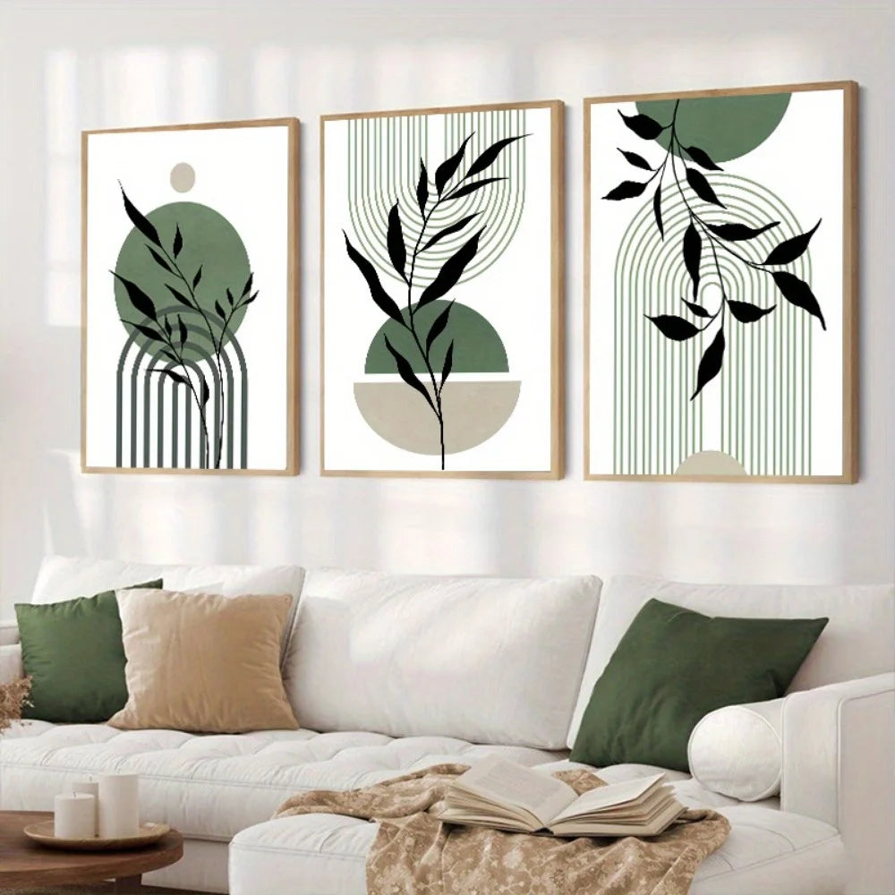 Sage Green Boho Abstract Canvas Prints – Set of 3