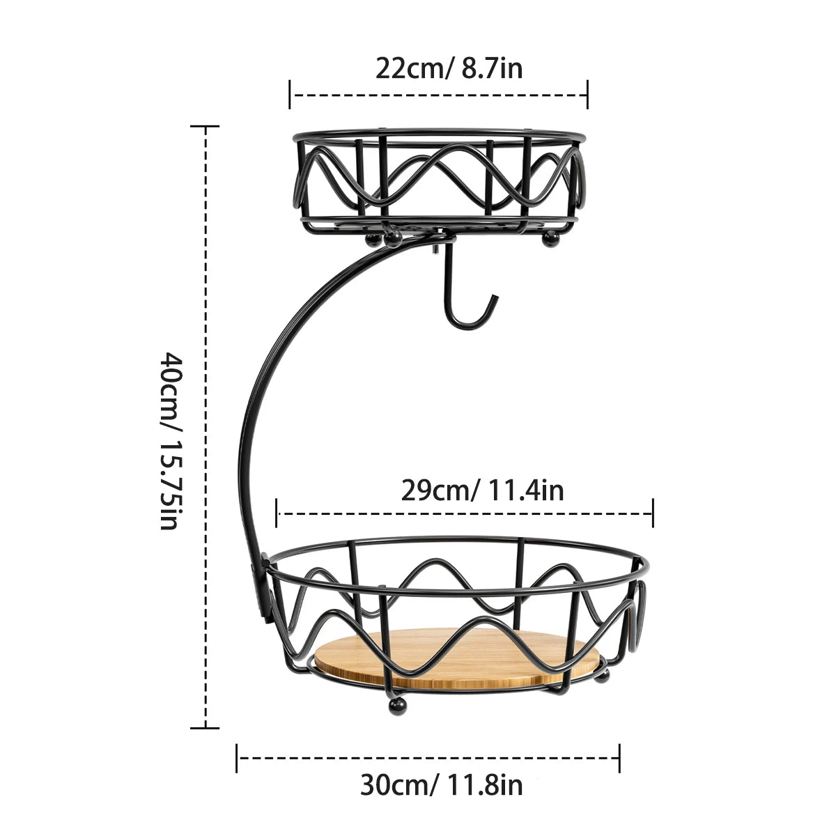 2-Tier Metal Fruit Basket with Banana Hanger & Wooden Base – Countertop Organiser