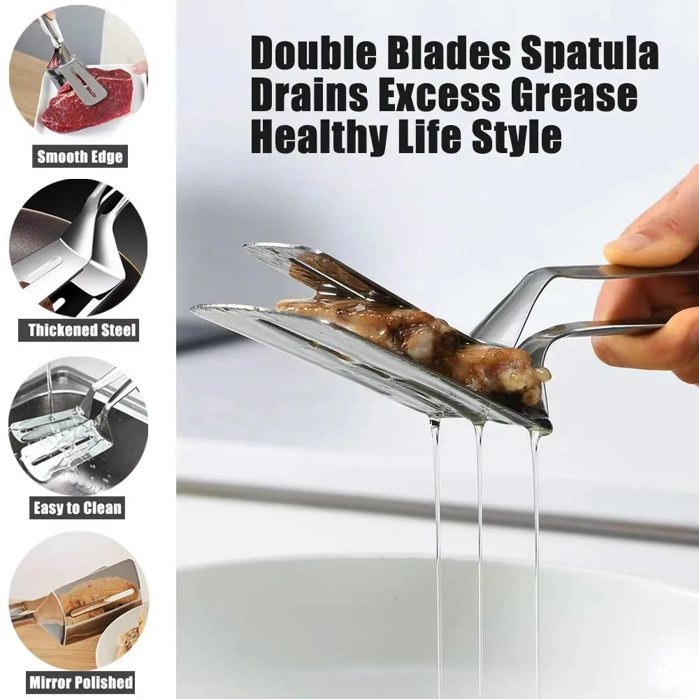 Stainless Steel Double-Sided Cooking Tongs – Spatula Clip for Steak, Fish & Pizza