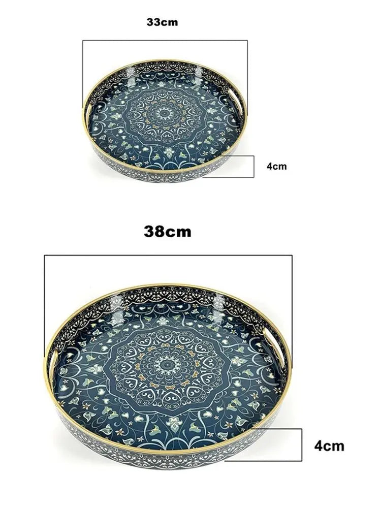Bohemian Round Plastic Serving Tray with Handles – Blue & White Pattern, 33 or 38cm