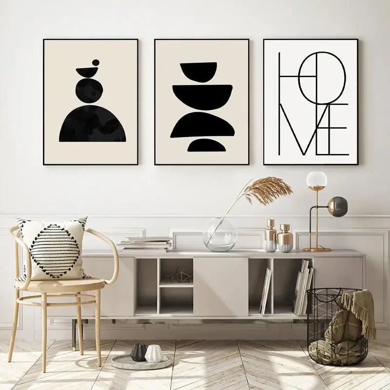 Abstract Boho Geometric Line Canvas Print – Black & Beige