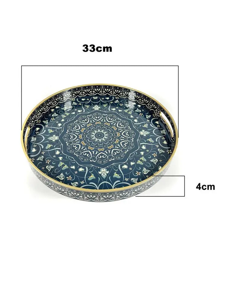 Bohemian Round Plastic Serving Tray with Handles – Blue & White Pattern, 33 or 38cm