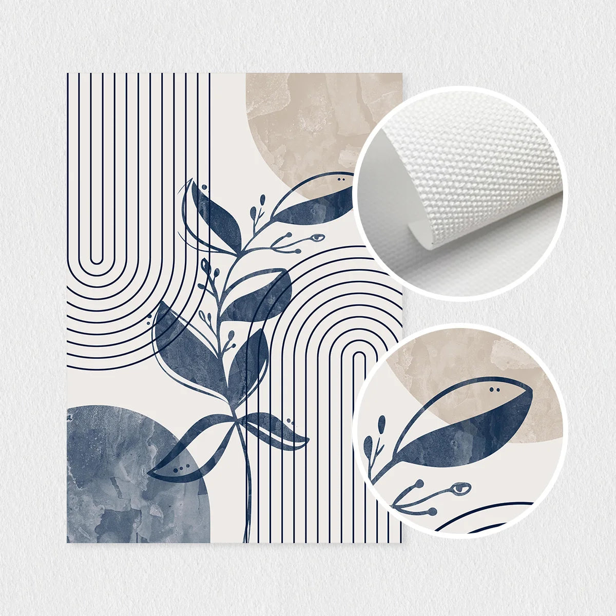 Navy Blue & Beige Boho Botanical Geometric Canvas Prints – Set of 3