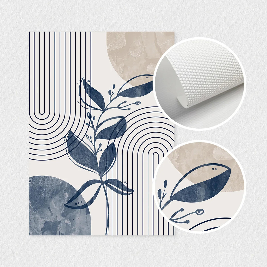 Navy Blue & Beige Boho Botanical Geometric Canvas Prints – Set of 3