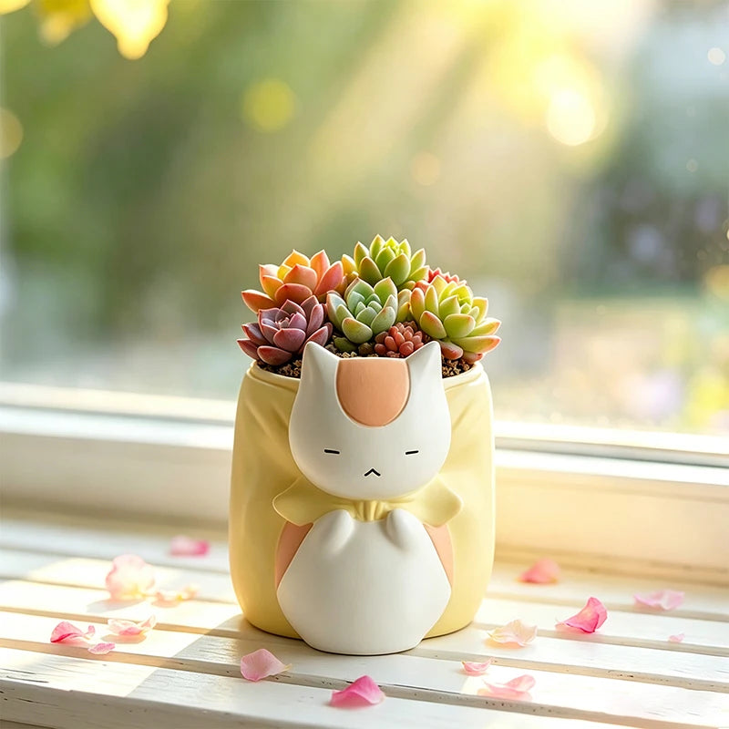 Sleepy Chubby Cat Resin Succulent Planter – Cute Desktop Flower Pot