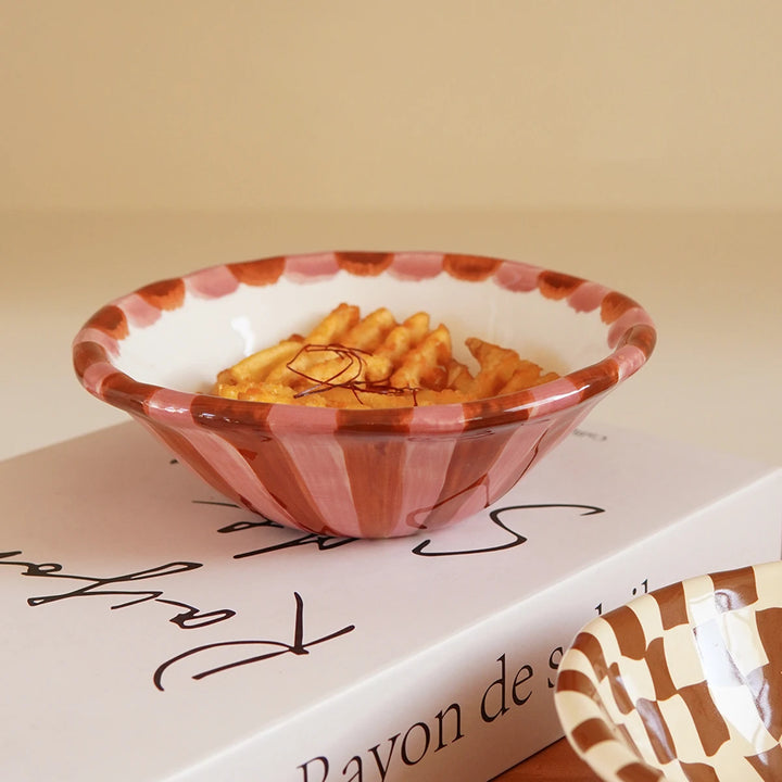 Rose Striped Checkerboard Ceramic Dessert Bowl – Aesthetic Hand-Painted Design