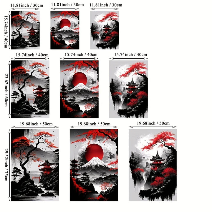 Japanese Landscape Canvas Prints – Black & Red Ink Art