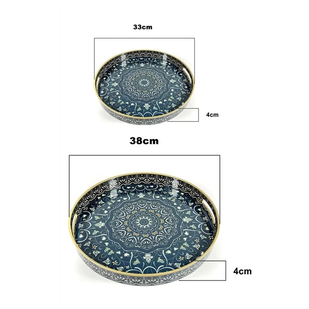 Bohemian Round Plastic Serving Tray with Handles – Blue & White Pattern, 33 or 38cm