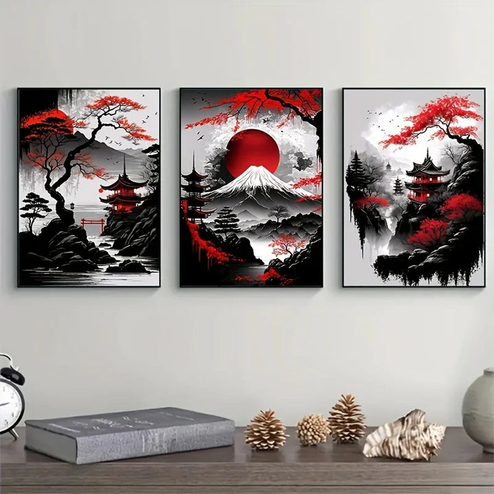 Japanese Landscape Canvas Prints – Black & Red Ink Art