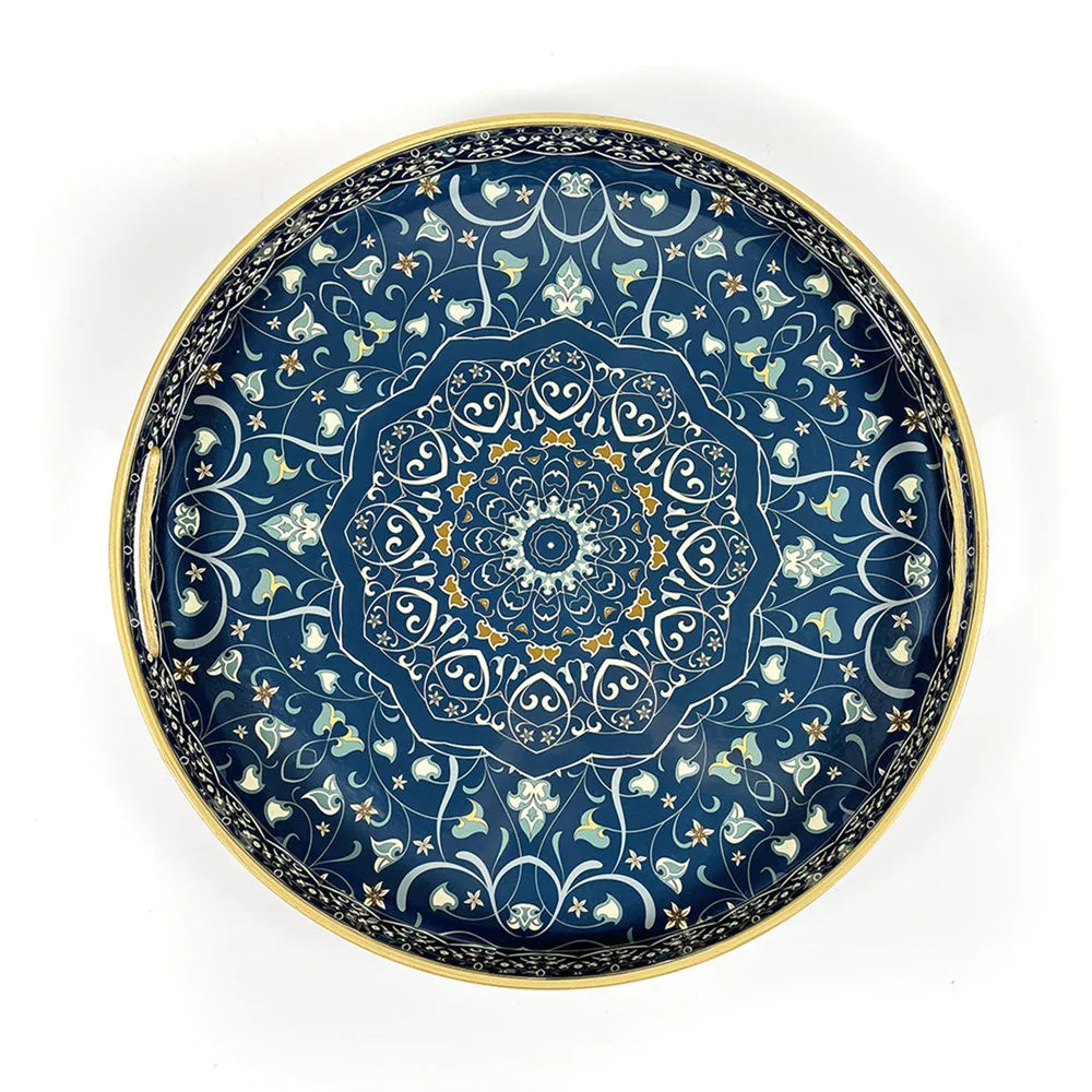 Bohemian Round Plastic Serving Tray with Handles – Blue & White Pattern, 33 or 38cm