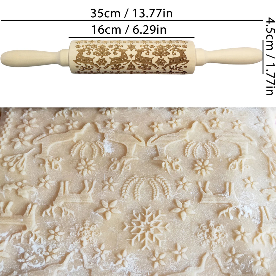 Wooden Rolling Pin for Christmas, 3D DIY Engraved Embossing Rolling Pins with Xmas Reindeer Flower Pattern, for Baking Cookies