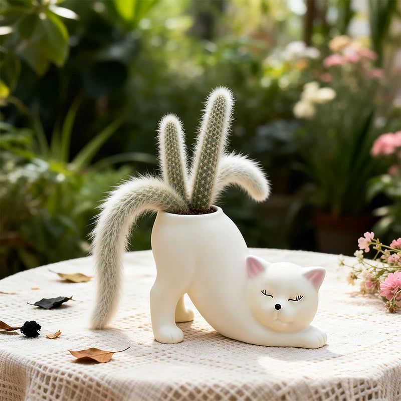 Curly Pose Cat Resin Planter – Cute Desktop Pot for Cacti & Trailing Plants