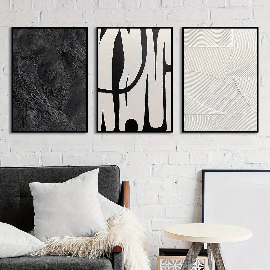 Black & White Abstract Texture Canvas Wall Art – Set of 3