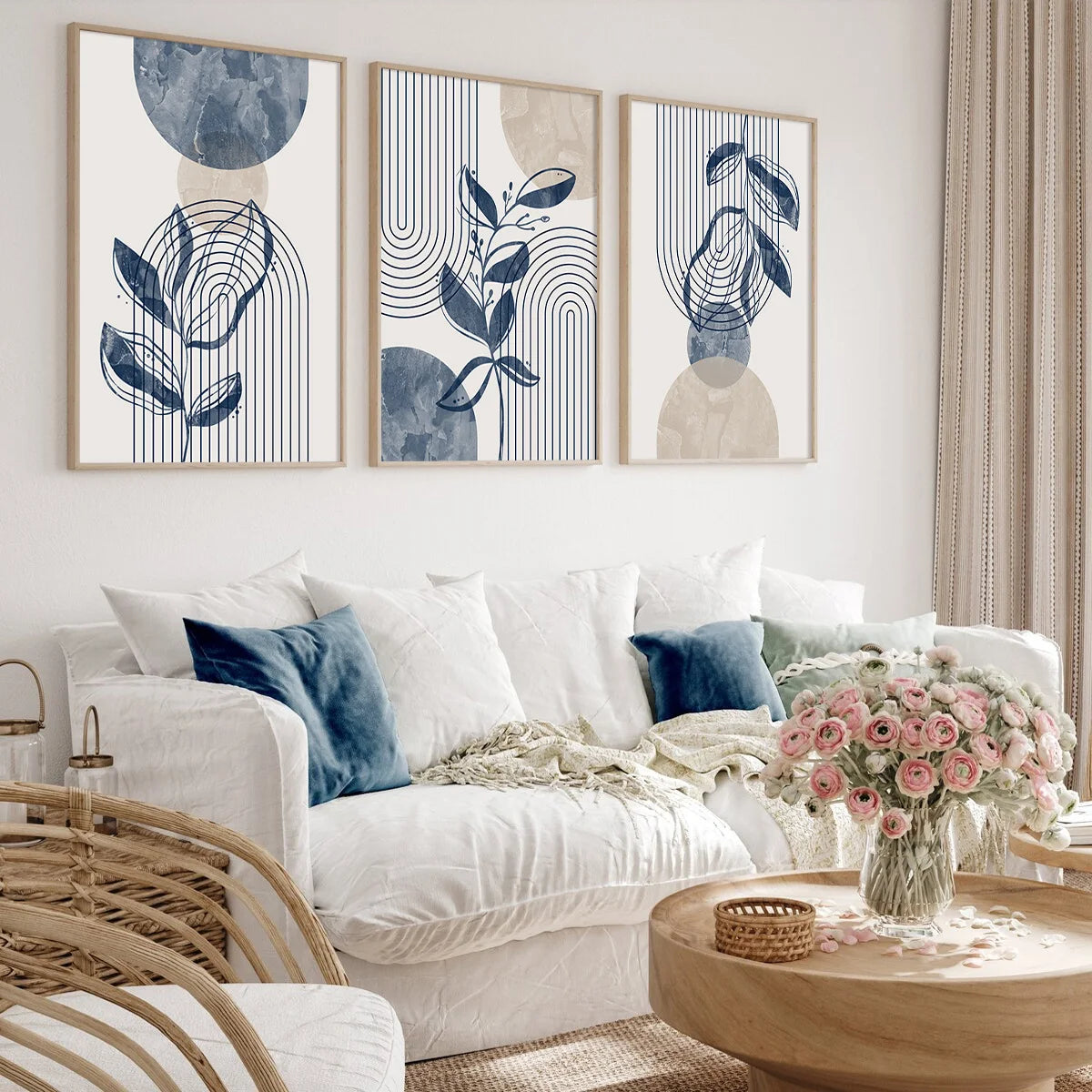 Navy Blue & Beige Boho Botanical Geometric Canvas Prints – Set of 3