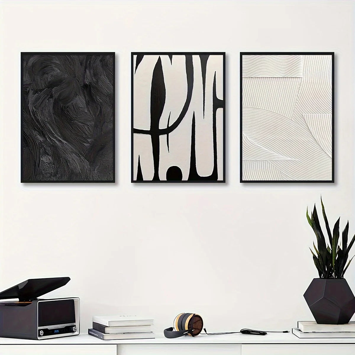 Black & White Abstract Texture Canvas Wall Art – Set of 3