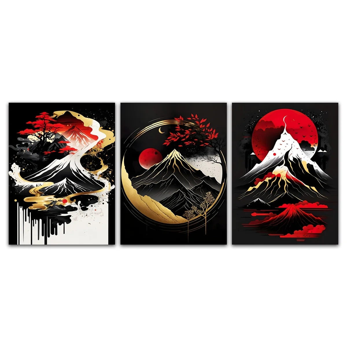 Japanese Landscape Canvas Prints – Black & Red Ink Art