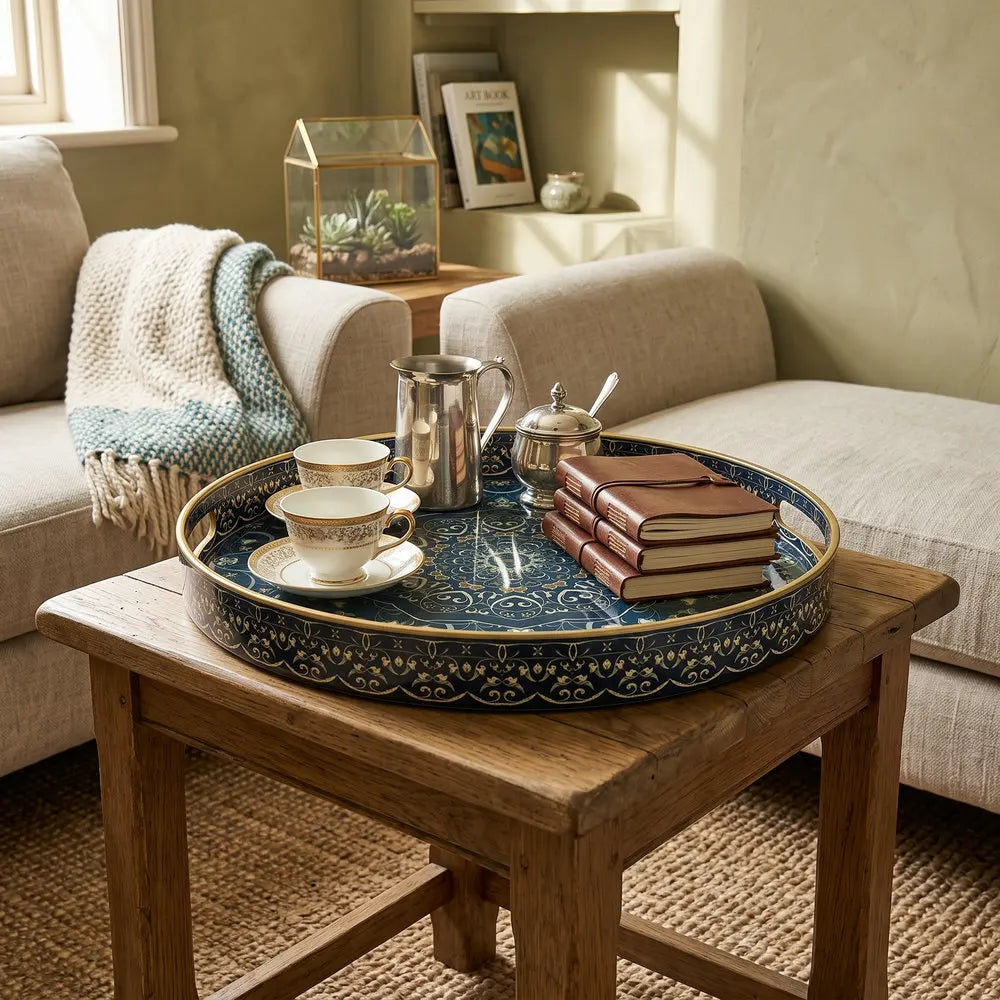 Bohemian Round Plastic Serving Tray with Handles – Blue & White Pattern, 33 or 38cm