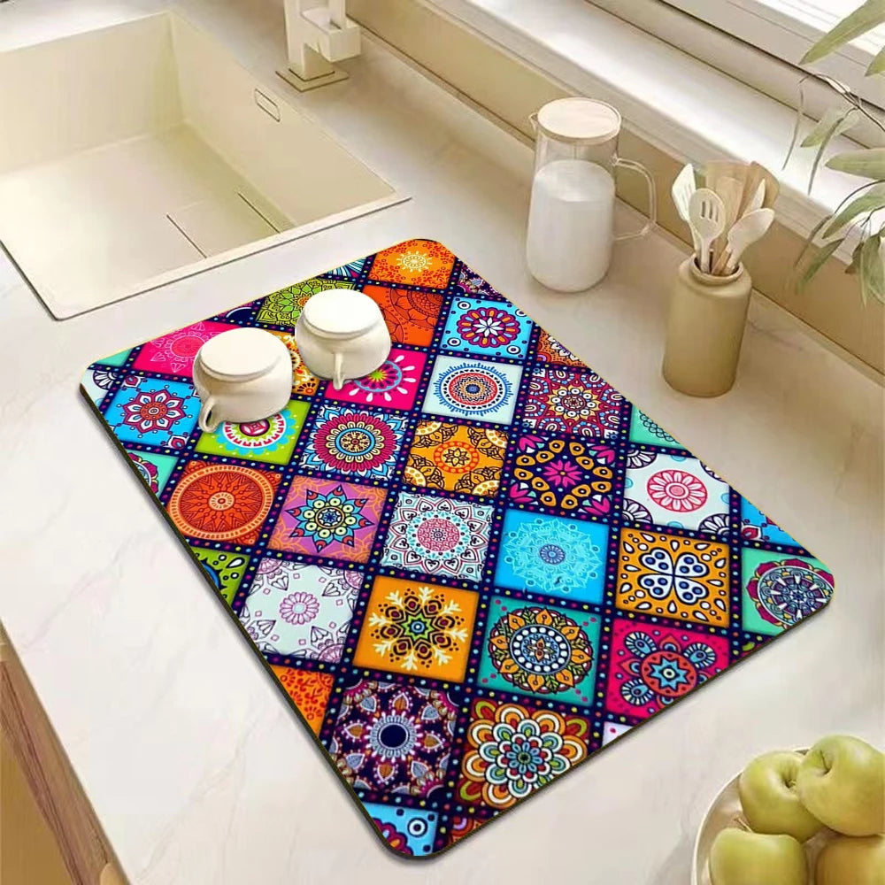 Mandala Print Diatomite Kitchen Drain Mat – Anti-Slip, Absorbent Countertop Pad