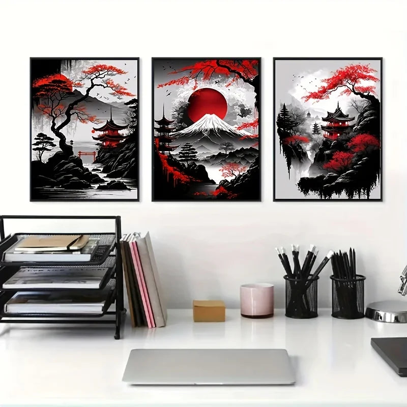 Japanese Landscape Canvas Prints – Black & Red Ink Art