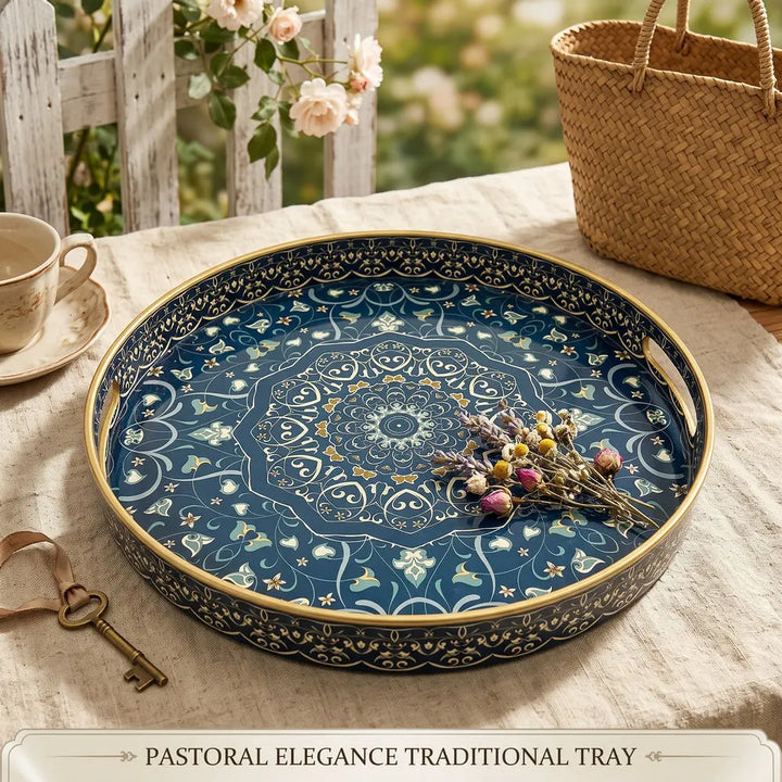 Bohemian Round Plastic Serving Tray with Handles – Blue & White Pattern, 33 or 38cm