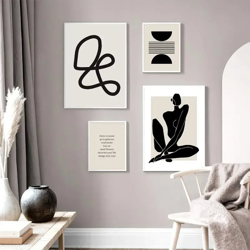 Abstract Boho Geometric Line Canvas Print – Black & Beige