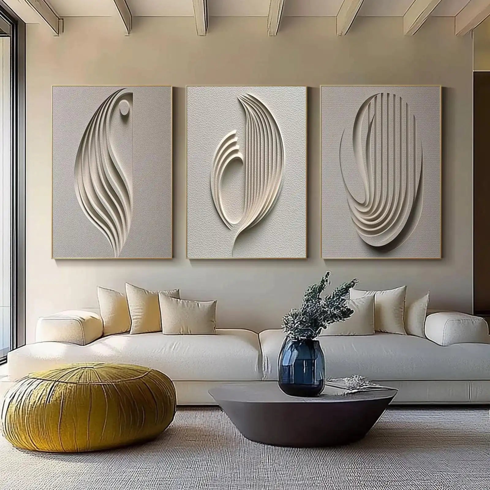 Abstract 3D Relief Beige Geometric Canvas Print – Wabi-Sabi Style