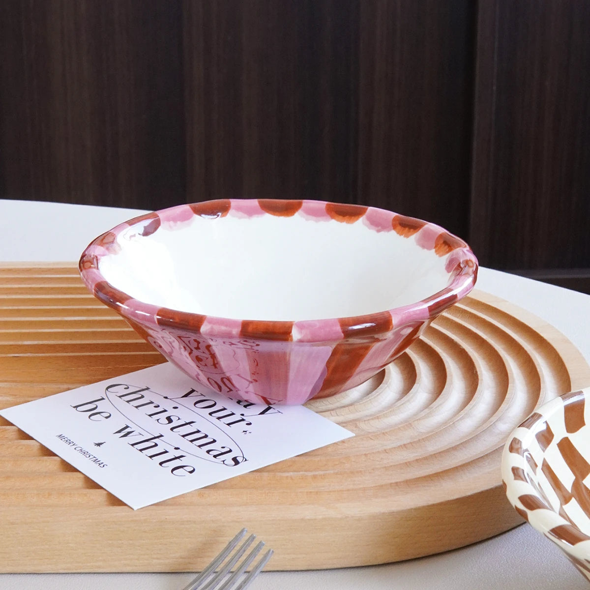 Rose Striped Checkerboard Ceramic Dessert Bowl – Aesthetic Hand-Painted Design