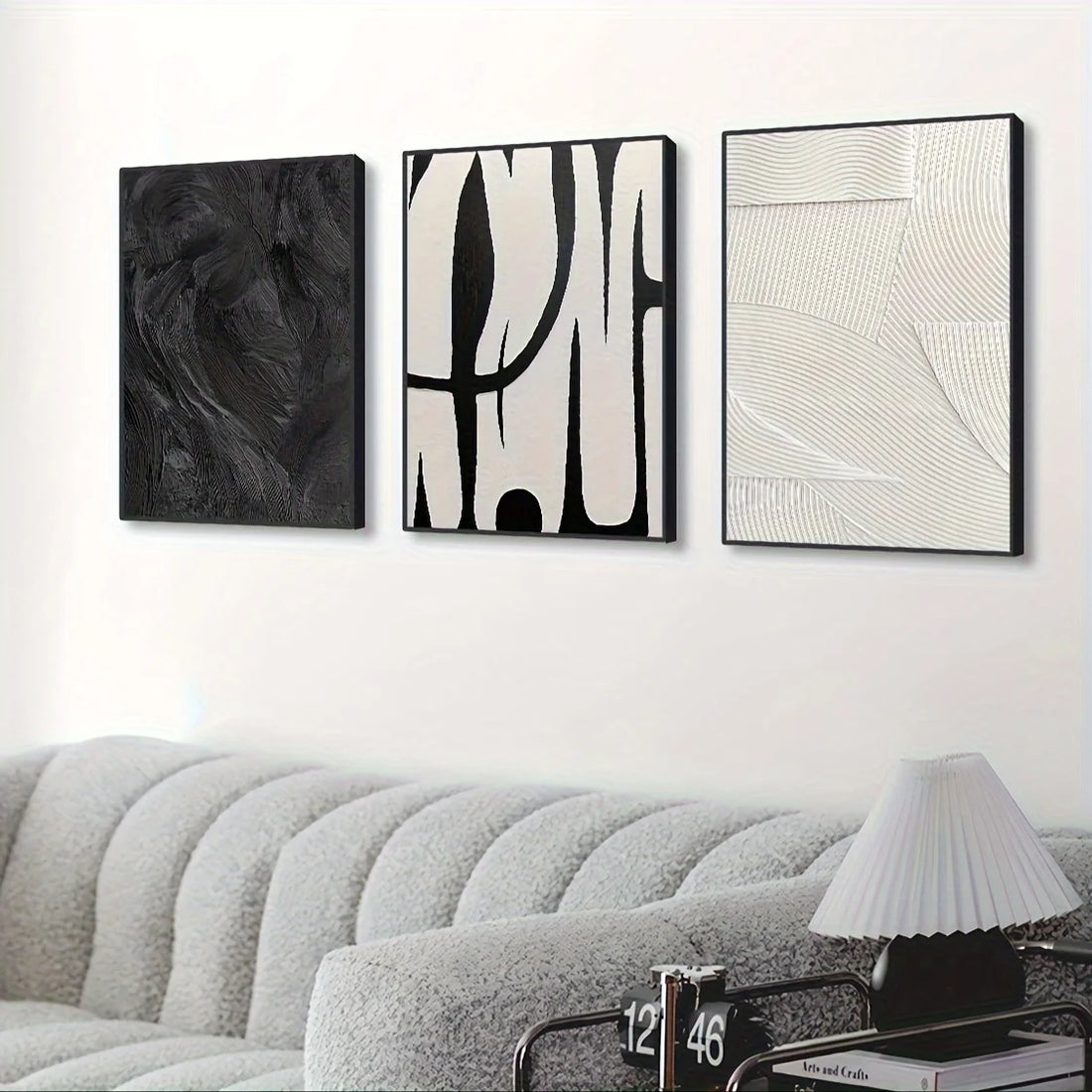Black & White Abstract Texture Canvas Wall Art – Set of 3