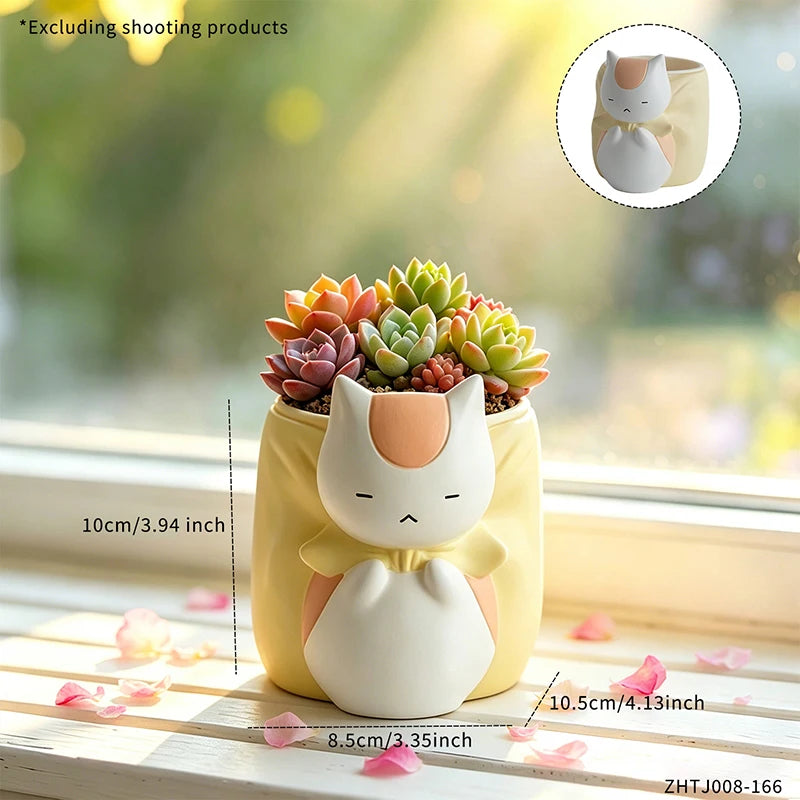 Sleepy Chubby Cat Resin Succulent Planter – Cute Desktop Flower Pot