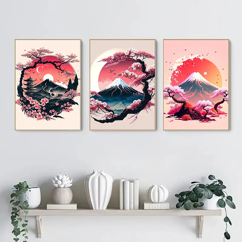 Japanese Landscape Canvas Prints – Black & Red Ink Art