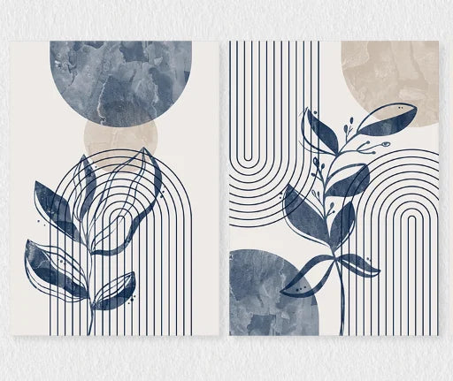 Navy Blue & Beige Boho Botanical Geometric Canvas Prints – Set of 3